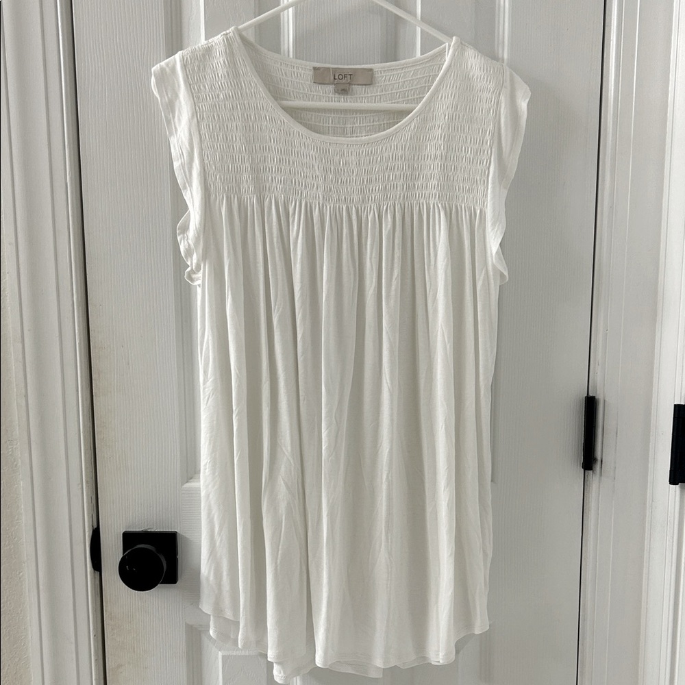 LOFT White Smocked Flutter Sleeve Top